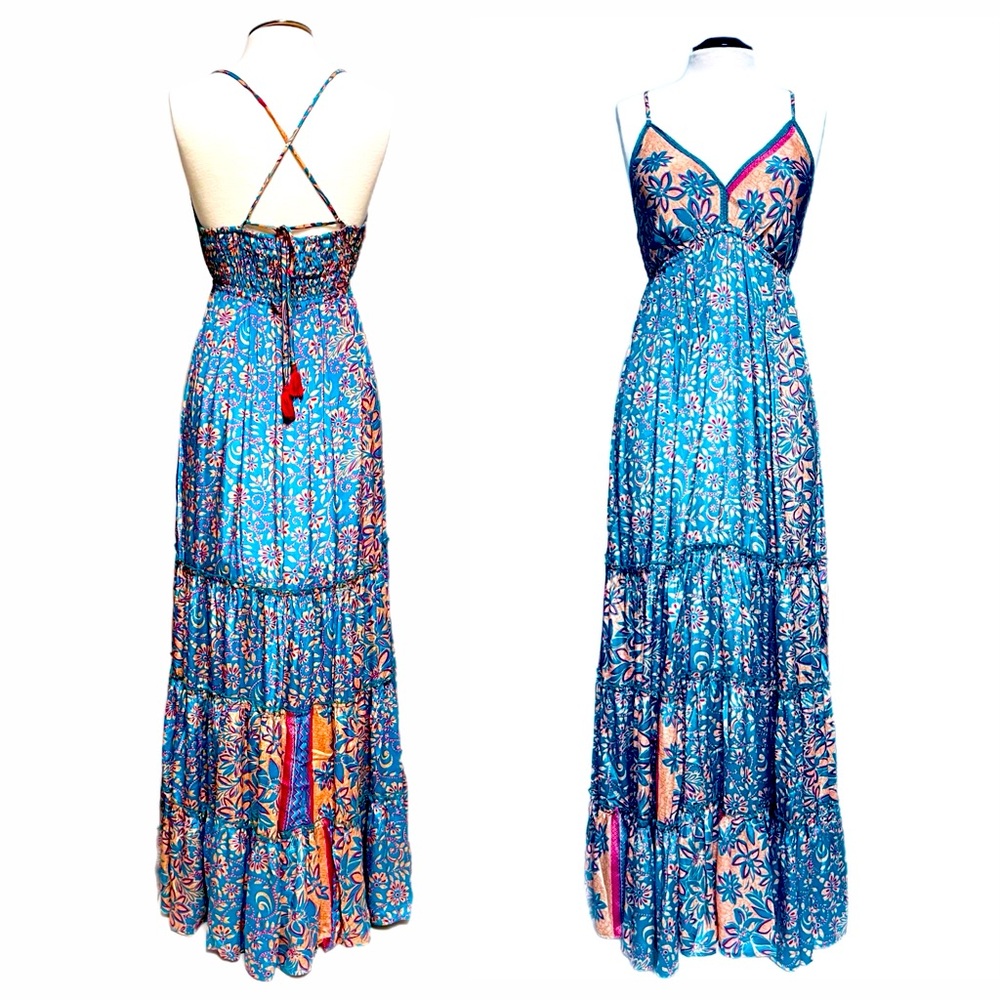 RAGA Maxi Tiered Floral Dress SZ M Somewhere in Paradise Turquoise Boho Festival